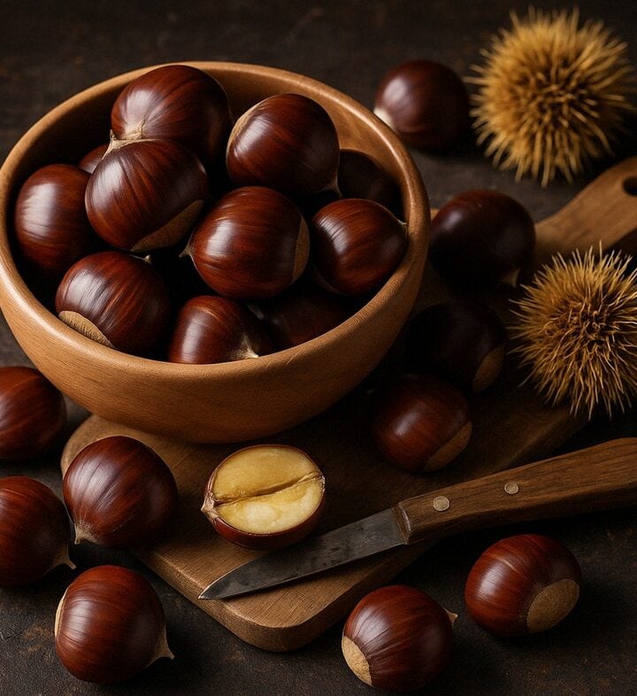 Castagne intere e aperte con ricci verdi e marroni su sfondo di legno grezzo