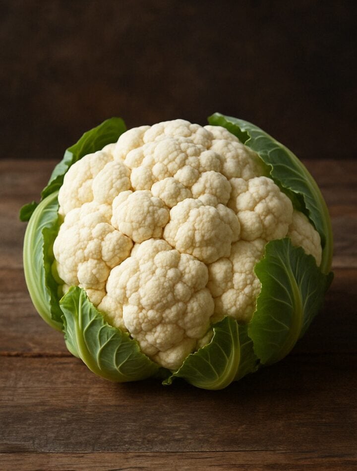 Cavolfiore intero su fondo rustico con foglie verdi fresche e testa bianca compatta