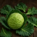 Un cavolo cappuccio verde intero con foglie compatte e lisce, fotografato su un tavolo in legno grezzo