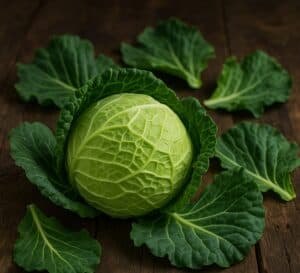 Un cavolo cappuccio verde intero con foglie compatte e lisce, fotografato su un tavolo in legno grezzo