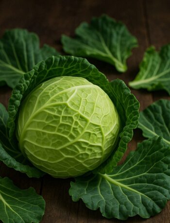 Un cavolo cappuccio verde intero con foglie compatte e lisce, fotografato su un tavolo in legno grezzo