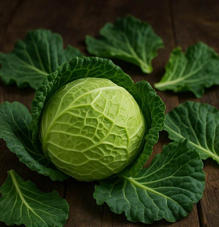 Un cavolo cappuccio verde intero con foglie compatte e lisce, fotografato su un tavolo in legno grezzo