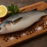 Cefalo intero con squame grigio-argento su tagliere in legno con sale grosso, pepe nero e limone