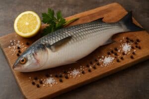 Cefalo intero con squame grigio-argento su tagliere in legno con sale grosso, pepe nero e limone