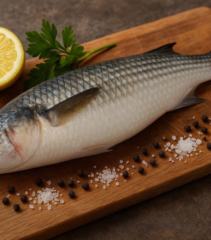 Cefalo intero con squame grigio-argento su tagliere in legno con sale grosso, pepe nero e limone