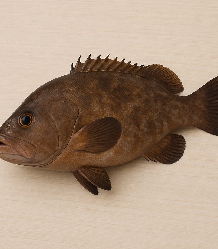 Una cernia fresca con pelle marrone e arancione su una superficie di legno chiaro.