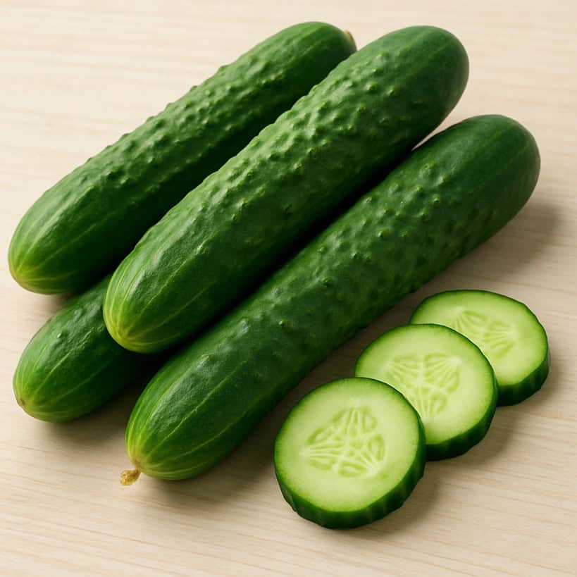 Quattro cetrioli freschi e tre fette, disposti su una superficie di legno chiaro.