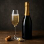 Bottiglia di champagne con flute colmo di bollicine, tappo e gabbietta su tavolo in legno scuro