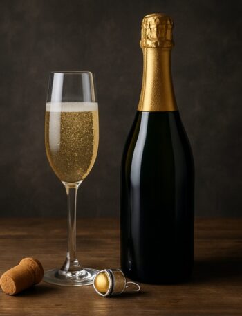 Bottiglia di champagne con flute colmo di bollicine, tappo e gabbietta su tavolo in legno scuro