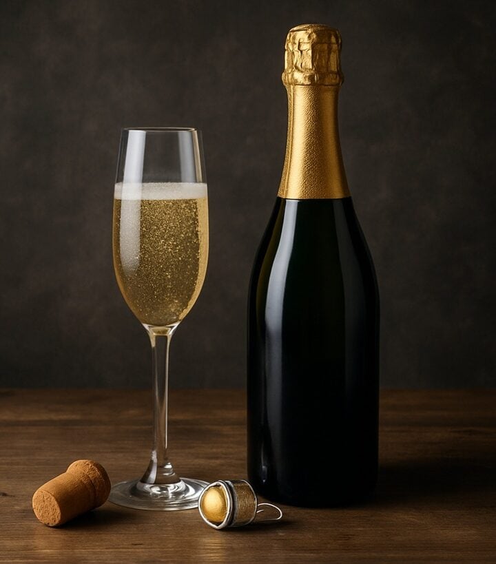 Bottiglia di champagne con flute colmo di bollicine, tappo e gabbietta su tavolo in legno scuro