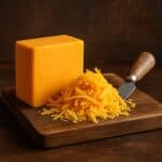 Blocco compatto di cheddar arancione e formaggio grattugiato con coltello su tagliere in legno