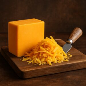 Blocco compatto di cheddar arancione e formaggio grattugiato con coltello su tagliere in legno
