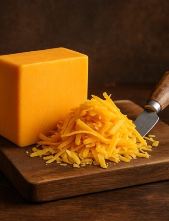 Blocco compatto di cheddar arancione e formaggio grattugiato con coltello su tagliere in legno