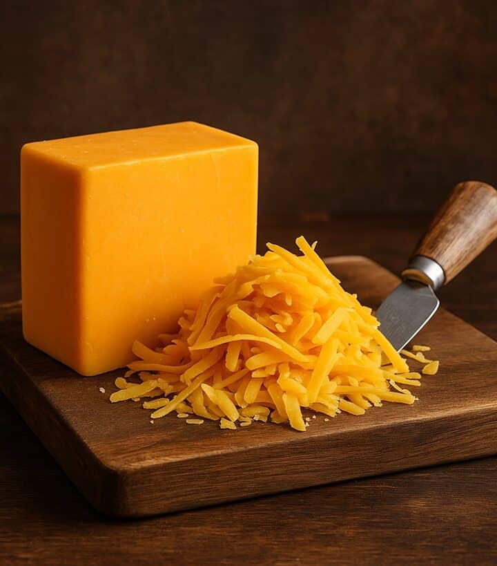 Blocco compatto di cheddar arancione e formaggio grattugiato con coltello su tagliere in legno
