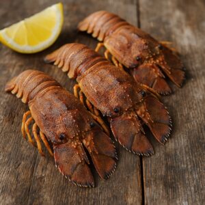 Tre cicale di mare (Scyllarides latus) disposte su tavolo di legno con spicchio di limone