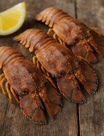 Tre cicale di mare (Scyllarides latus) disposte su tavolo di legno con spicchio di limone