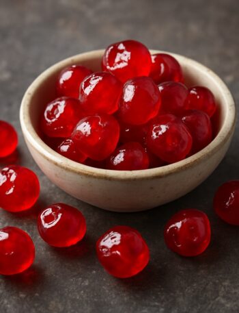 Ciliegie candite dal colore rosso vivo in una ciotola ceramica, con alcune sparse sul tavolo
