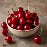Ciotola in ceramica colma di ciliegie rosse con gambo, disposte su piano in pietra con alcune ciliegie sparse
