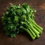 Maz­zetto di cime di rapa con foglie verdi, infiorescenze e gambi chiari su tavolo in legno scuro