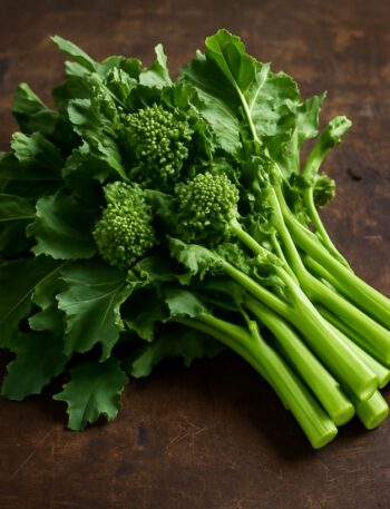 Maz­zetto di cime di rapa con foglie verdi, infiorescenze e gambi chiari su tavolo in legno scuro