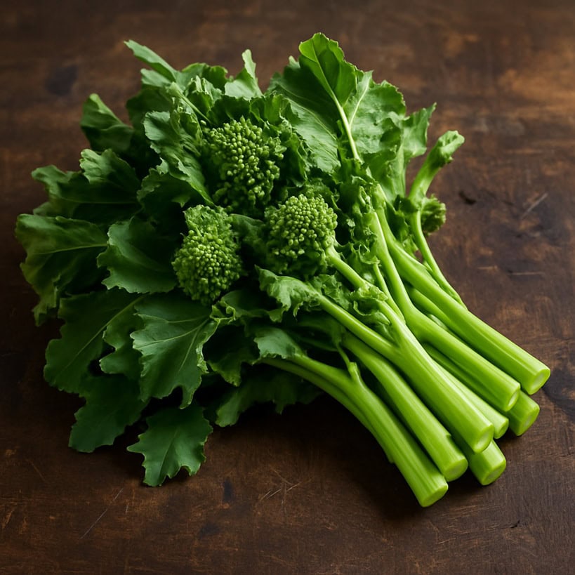 Maz­zetto di cime di rapa con foglie verdi, infiorescenze e gambi chiari su tavolo in legno scuro
