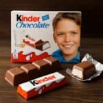 Confezione di cioccolato Kinder con barretta spezzata e ripieno cremoso su fondo rustico in legno