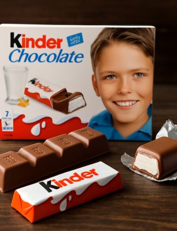 Confezione di cioccolato Kinder con barretta spezzata e ripieno cremoso su fondo rustico in legno