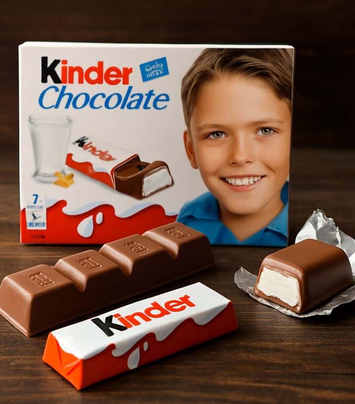 Confezione di cioccolato Kinder con barretta spezzata e ripieno cremoso su fondo rustico in legno
