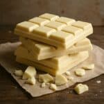 avolette di cioccolato bianco con frammenti sparsi su carta da forno e fondo in legno