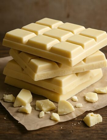 avolette di cioccolato bianco con frammenti sparsi su carta da forno e fondo in legno