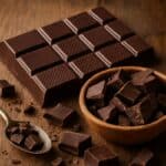 Tavolette di cioccolato fondente impilate con pezzi spezzati e scaglie sparse su superficie in legno