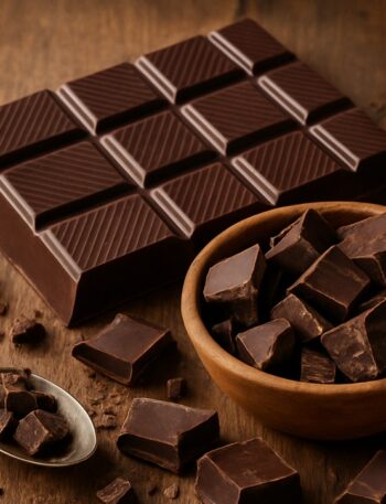 Tavolette di cioccolato fondente impilate con pezzi spezzati e scaglie sparse su superficie in legno