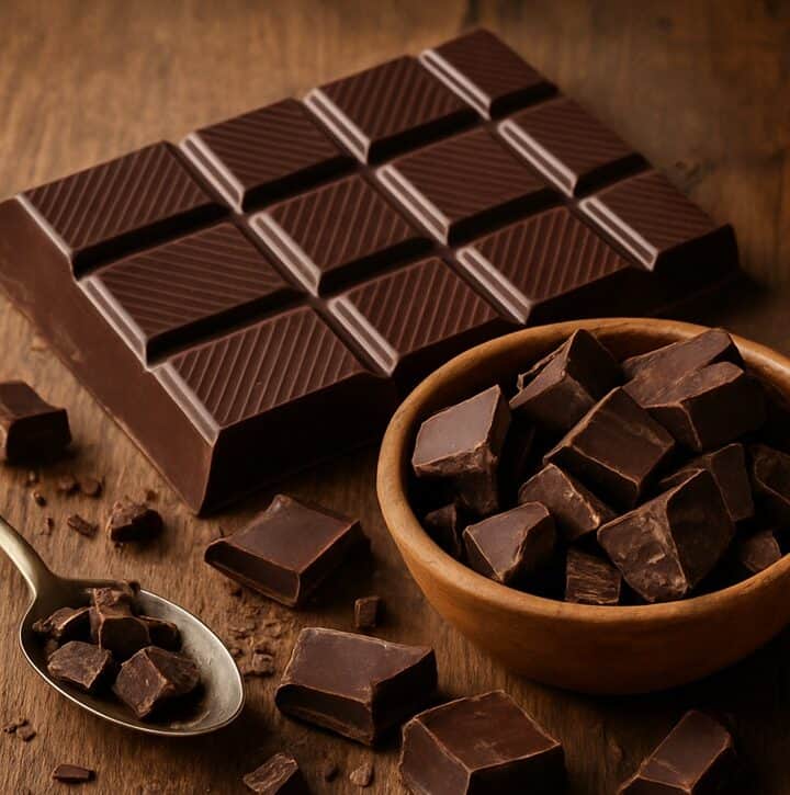 Tavolette di cioccolato fondente impilate con pezzi spezzati e scaglie sparse su superficie in legno