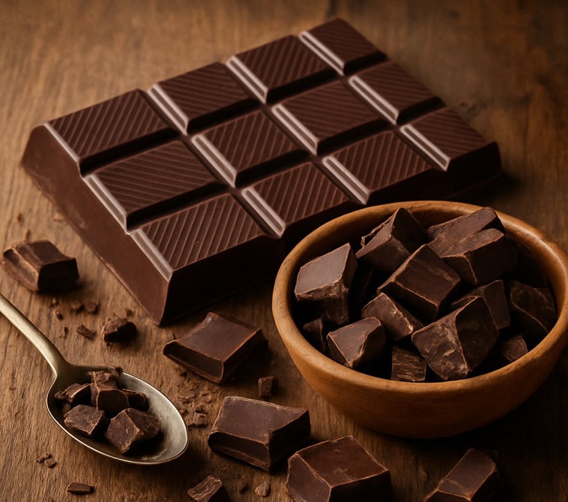 Tavolette di cioccolato fondente impilate con pezzi spezzati e scaglie sparse su superficie in legno