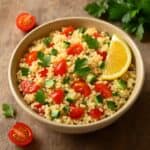 Cous cous con pomodorini, cetrioli e prezzemolo in ciotola chiara su fondo in legno