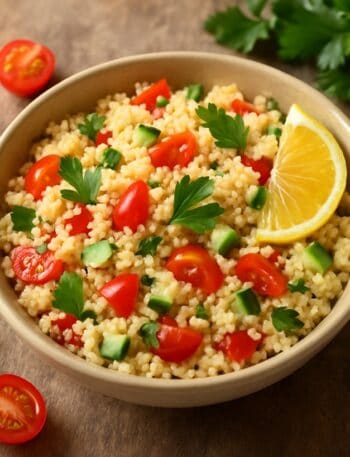 Cous cous con pomodorini, cetrioli e prezzemolo in ciotola chiara su fondo in legno
