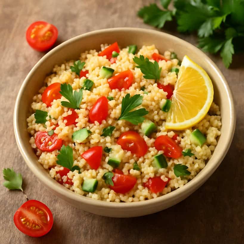 Cous cous con pomodorini, cetrioli e prezzemolo in ciotola chiara su fondo in legno