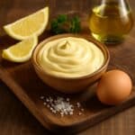 Ciotola di maionese cremosa su tagliere di legno, circondata da spicchi di limone, uovo, prezzemolo e cristalli di sale