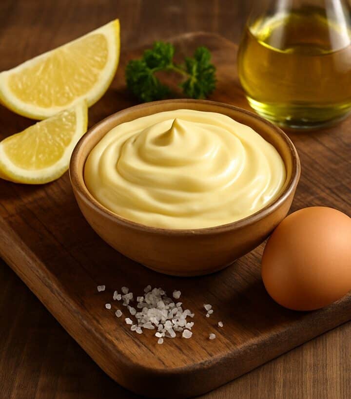 Ciotola di maionese cremosa su tagliere di legno, circondata da spicchi di limone, uovo, prezzemolo e cristalli di sale