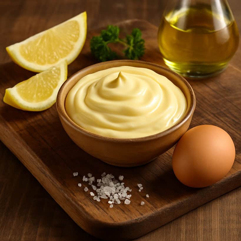 Ciotola di maionese cremosa su tagliere di legno, circondata da spicchi di limone, uovo, prezzemolo e cristalli di sale