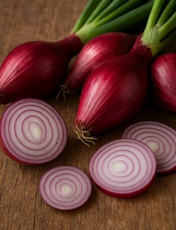 Cipolle di Tropea intere e a fette con buccia rossa lucida e cerchi bianchi su legno