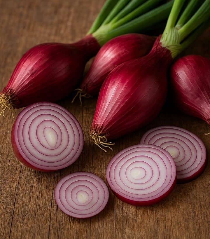 Cipolle di Tropea intere e a fette con buccia rossa lucida e cerchi bianchi su legno