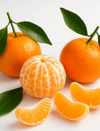 Clementine intere con foglie accanto a spicchi sbucciati su sfondo bianco