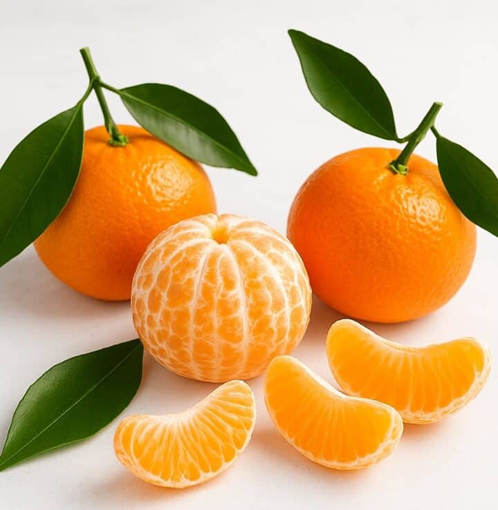 Clementine intere con foglie accanto a spicchi sbucciati su sfondo bianco