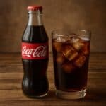 Bottiglia di Coca Cola accanto a bicchiere con ghiaccio su sfondo in legno