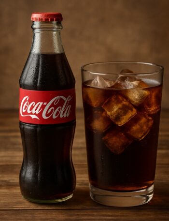 Bottiglia di Coca Cola accanto a bicchiere con ghiaccio su sfondo in legno