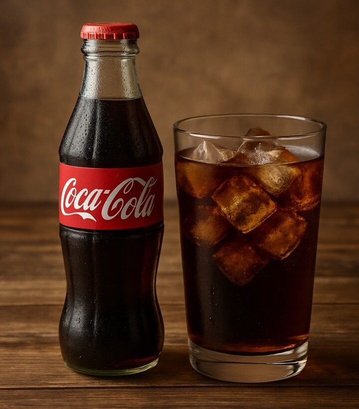 Bottiglia di Coca Cola accanto a bicchiere con ghiaccio su sfondo in legno