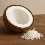 Mezzo cocco con polpa bianca e scaglie su superficie rustica