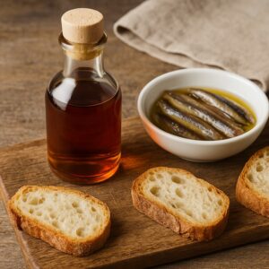 Bottiglia di colatura di alici accanto a ciotola con alici sott’olio e fette di pane rustico