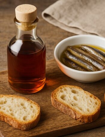 Bottiglia di colatura di alici accanto a ciotola con alici sott’olio e fette di pane rustico